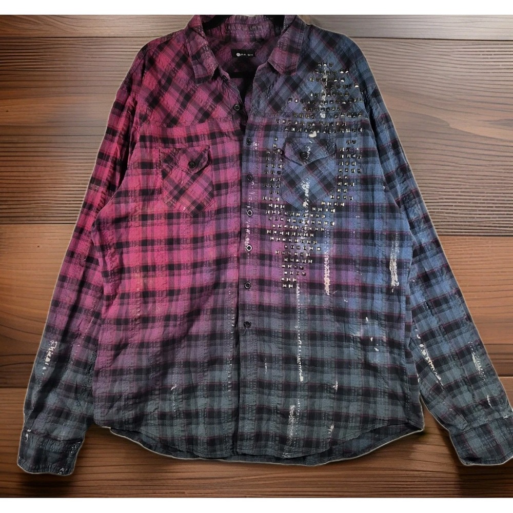 Y2k Punk Krush 3X Studded Plaid Shirt Pink Blue Distressed Made USA